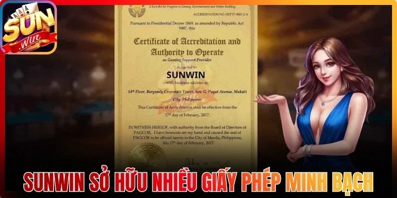 Sunwin sở hữu nhiều giấy phép minh bạch